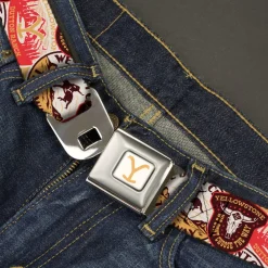 Yellowstone Y Logo Full Color White/Yellow Seatbelt Belt - Yellowstone Patches Stacked Browns/Reds/Yellows Webbing