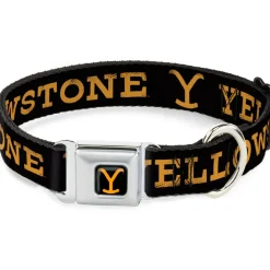 Yellowstone Y Logo Full Color Black/Orange Seatbelt Buckle Collar - YELLOWSTONE Text and Y Logo Weathered Black/Orange