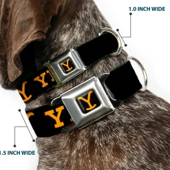 Yellowstone Y Logo Full Color Black/Orange Seatbelt Buckle Collar - YELLOWSTONE Text and Y Logo Weathered Black/Orange