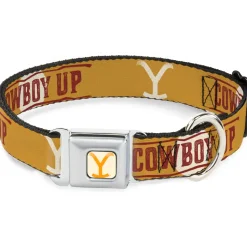 Yellowstone Y Logo Weathered Full Color White/Yellow Seatbelt Buckle Collar - Yellowstone Y Logo COWBOY UP Text Yellow/Red/White