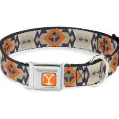 Yellowstone Y Logo Weathered Full Color Orange/Beige Seatbelt Buckle Collar - Yellowstone Y Logo Native American Tribal Tans/Blue/Orange